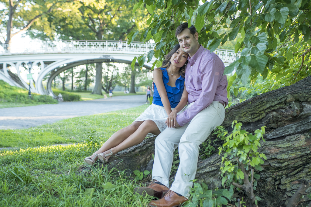 A couple sitting on a tree trunk in a park surrounded by green leaves and grass, with a bridge and people in the background.