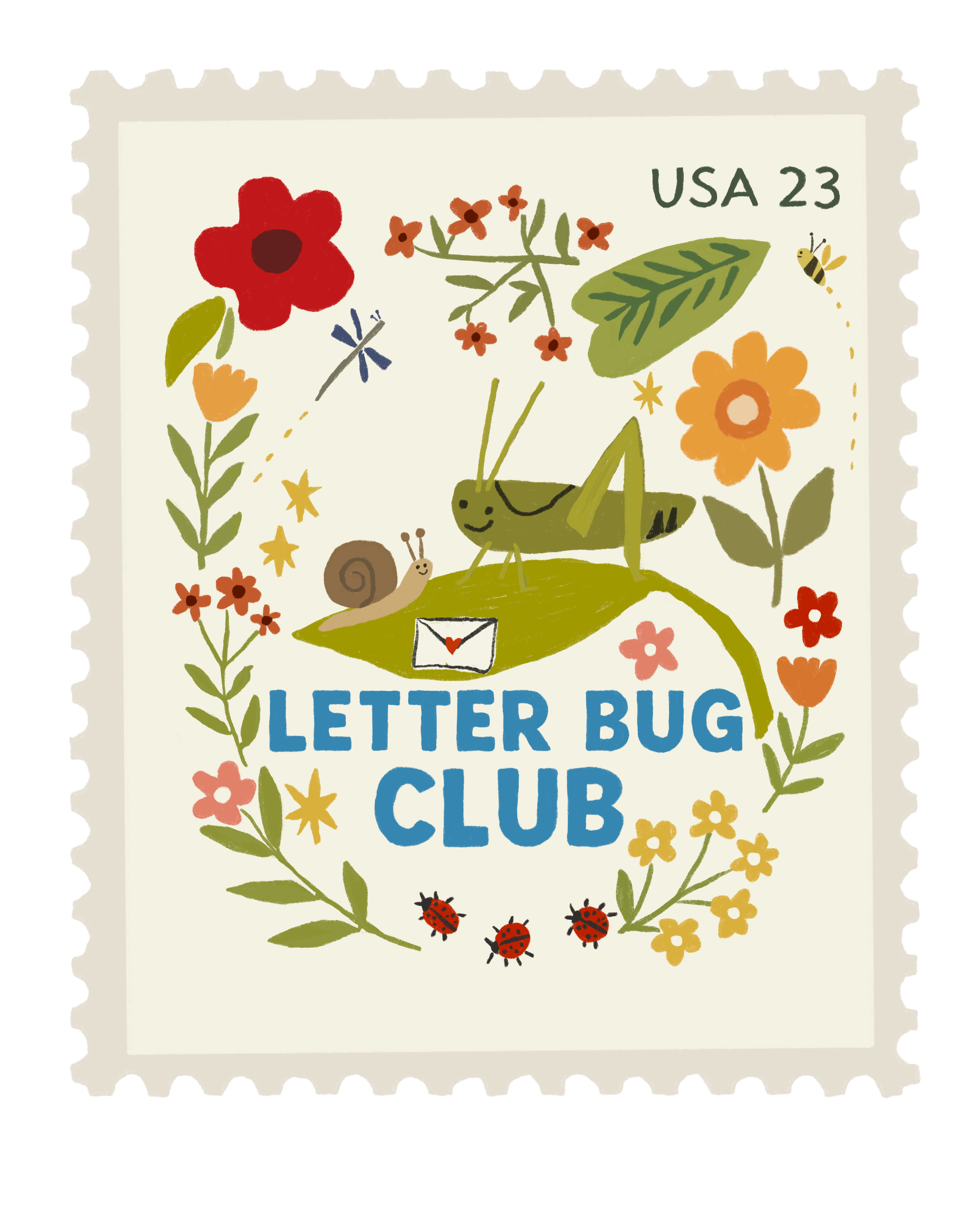 A colorful illustrated postage stamp featuring a green letter bug with a tiny snail, surrounded by flowers, leaves, a dragonfly, bees, ladybugs, and an envelope with a heart. The text reads 'LETTER BUG CLUB' and 'USA 23' in the upper right corner.