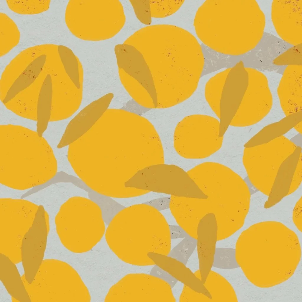 Pattern of yellow lemons with some lemons having leaves attached on a light background.