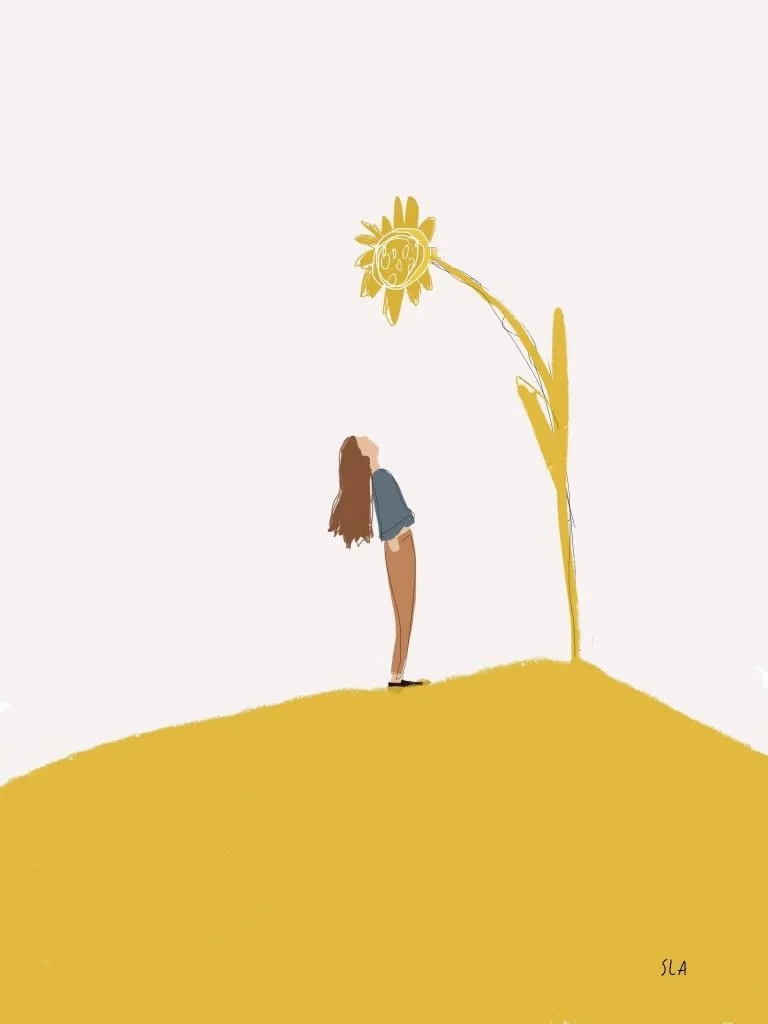 A girl with long hair, wearing a blue shirt and shorts, leaning backward under a large sunflower with a smiling face, standing on a yellow ground with a plain background.