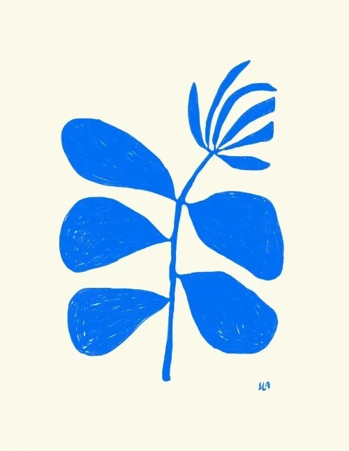 Minimalist blue leaf illustration on a light background.