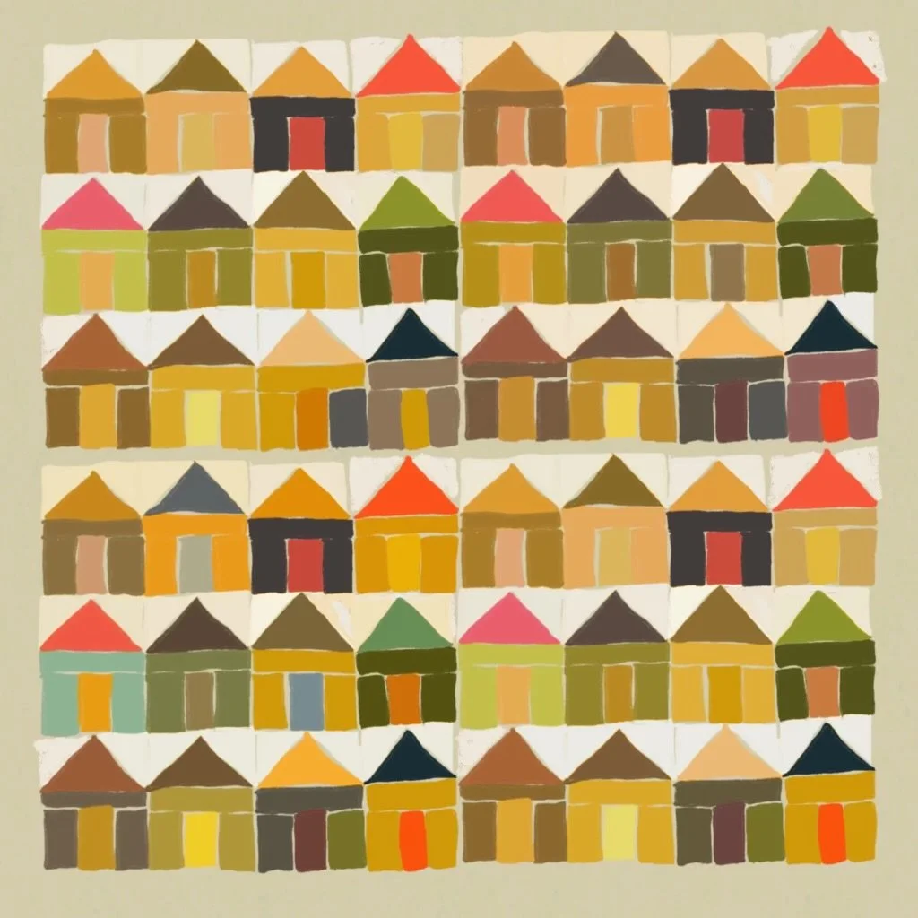 A colorful abstract painting of a pattern of houses arranged in rows, each house painted with different shades of brown, yellow, red, green, blue, orange, black, and gray, with various roof colors including red, black, gray, and green.