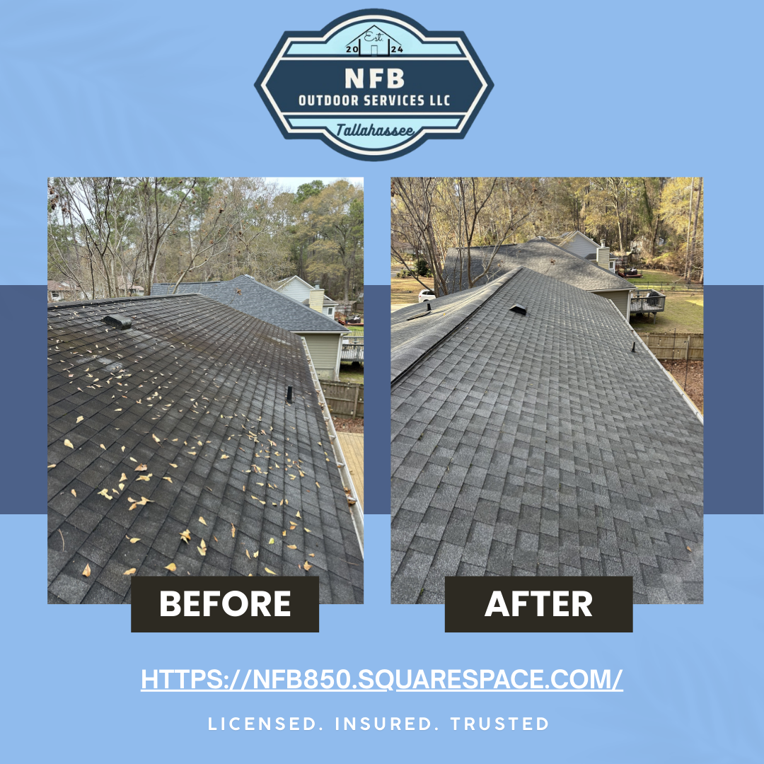 Comparison image showing a roof before and after cleaning, with the before roof covered in leaves and debris, and the after roof clean and clear.