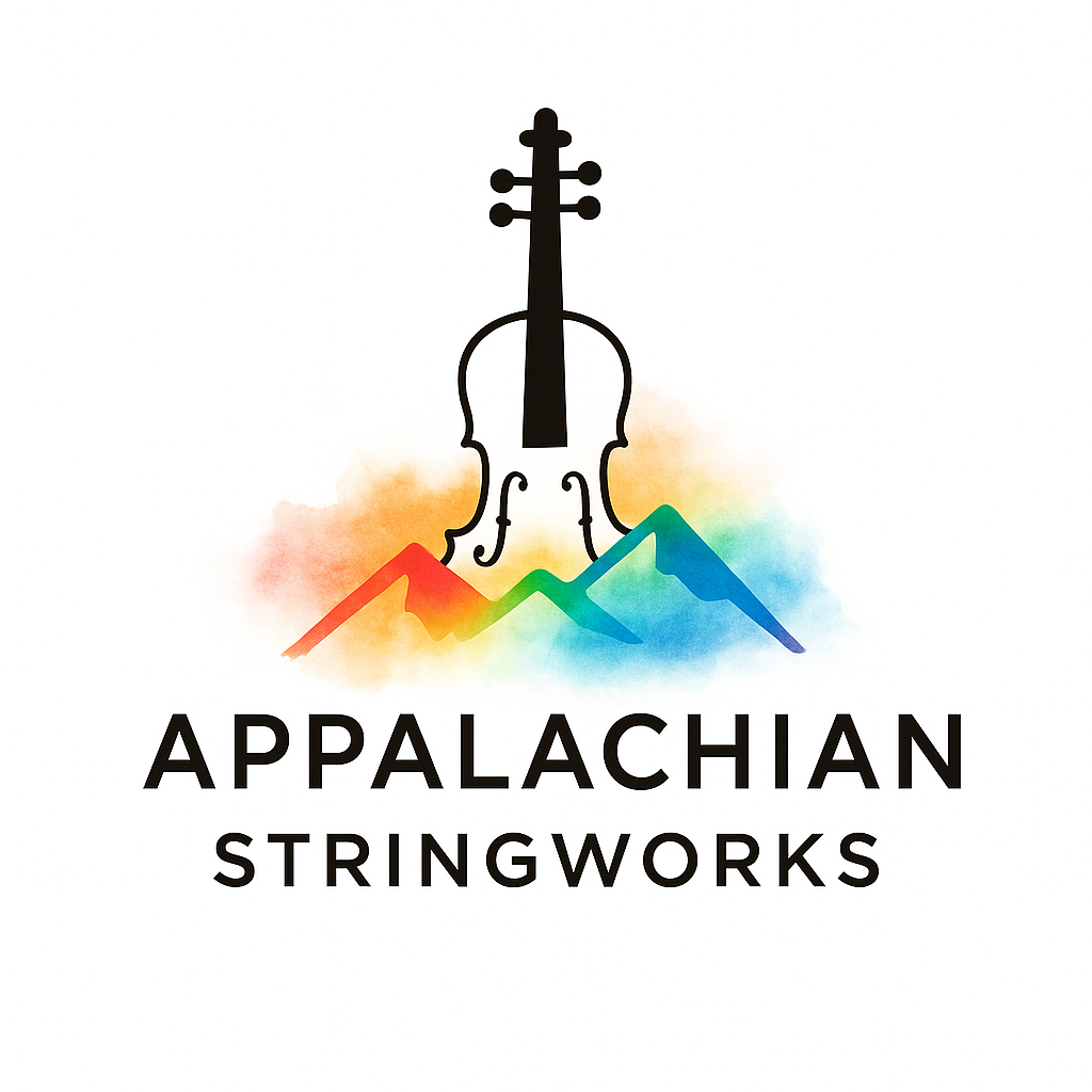 Logo for Appalachian Stringworks with a black violin outline against a stylized watercolor mountain range with rainbow colors.