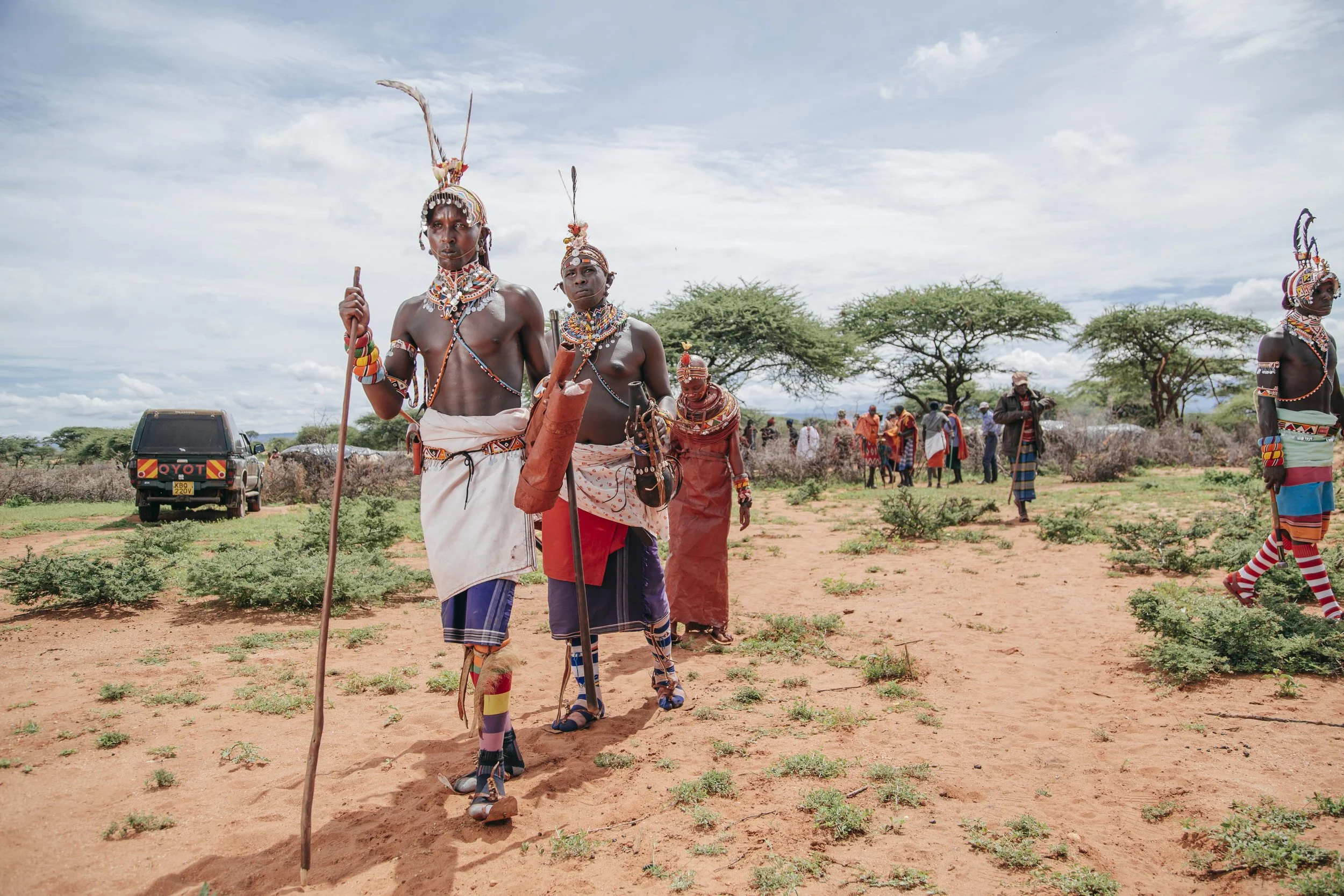 Traditional Maasai men dressed in colorful shukas, adorned with beads and jewelry, walking across a dry landscape with sparse bushes and acacia trees under a cloudy sky.