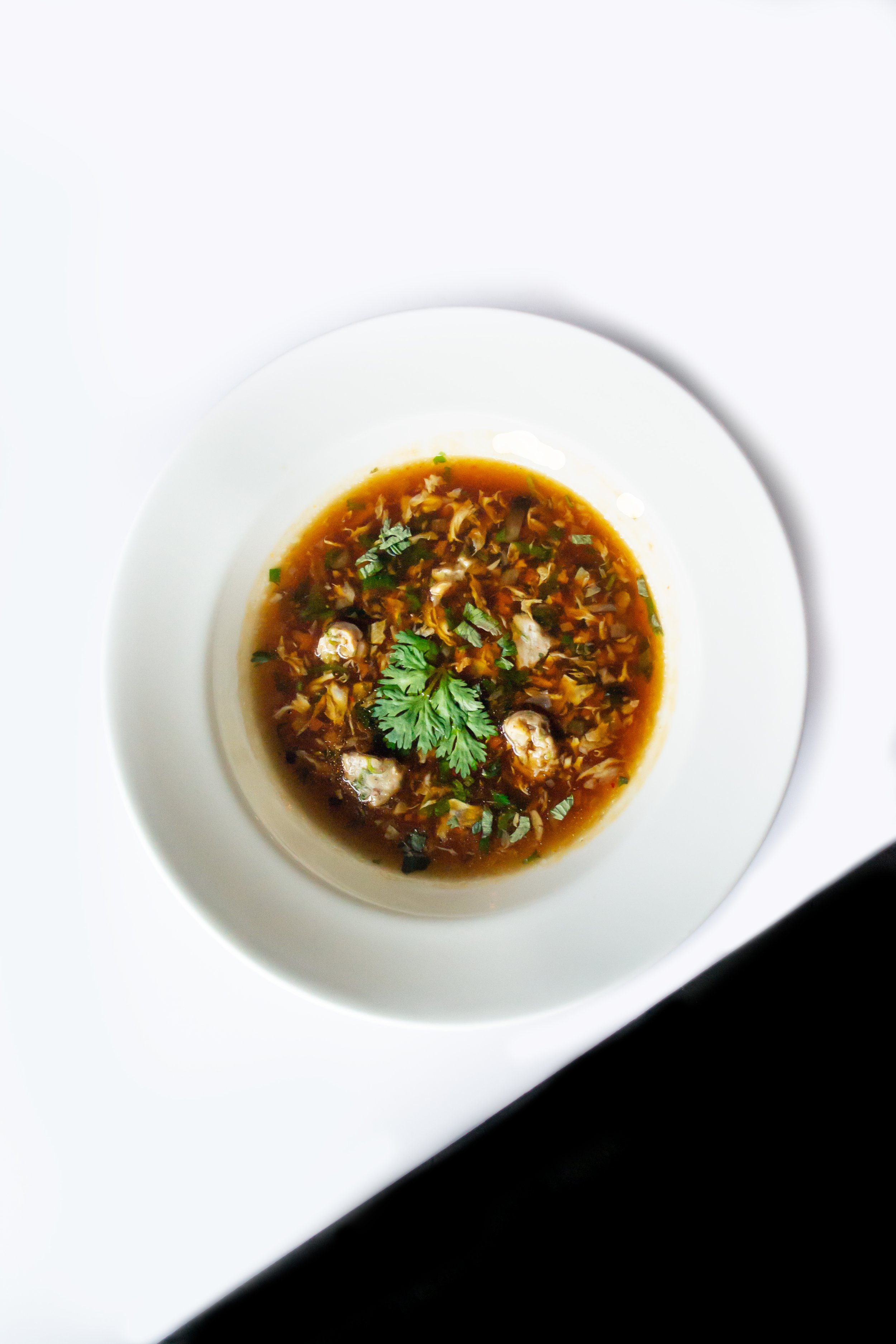 Bowl of soup garnished with cilantro on white background
