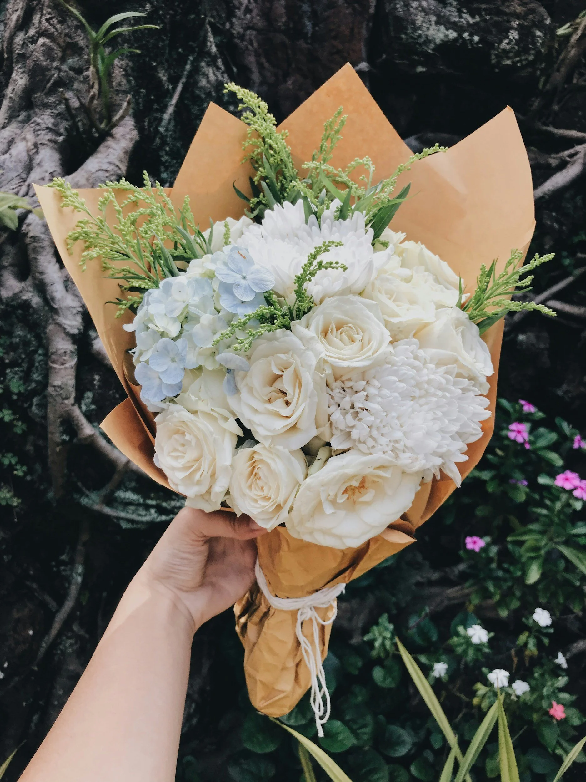 A bouquet of white roses, hydrangeas, and large white chrysanthemum flowers wrapped in brown paper and held by a person's hand, with a background of tree roots and pink and white flowers.