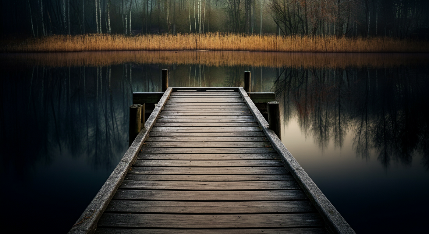 Wooden dock extending into a calm lake with trees and tall grasses in the background, reflecting in the water.
