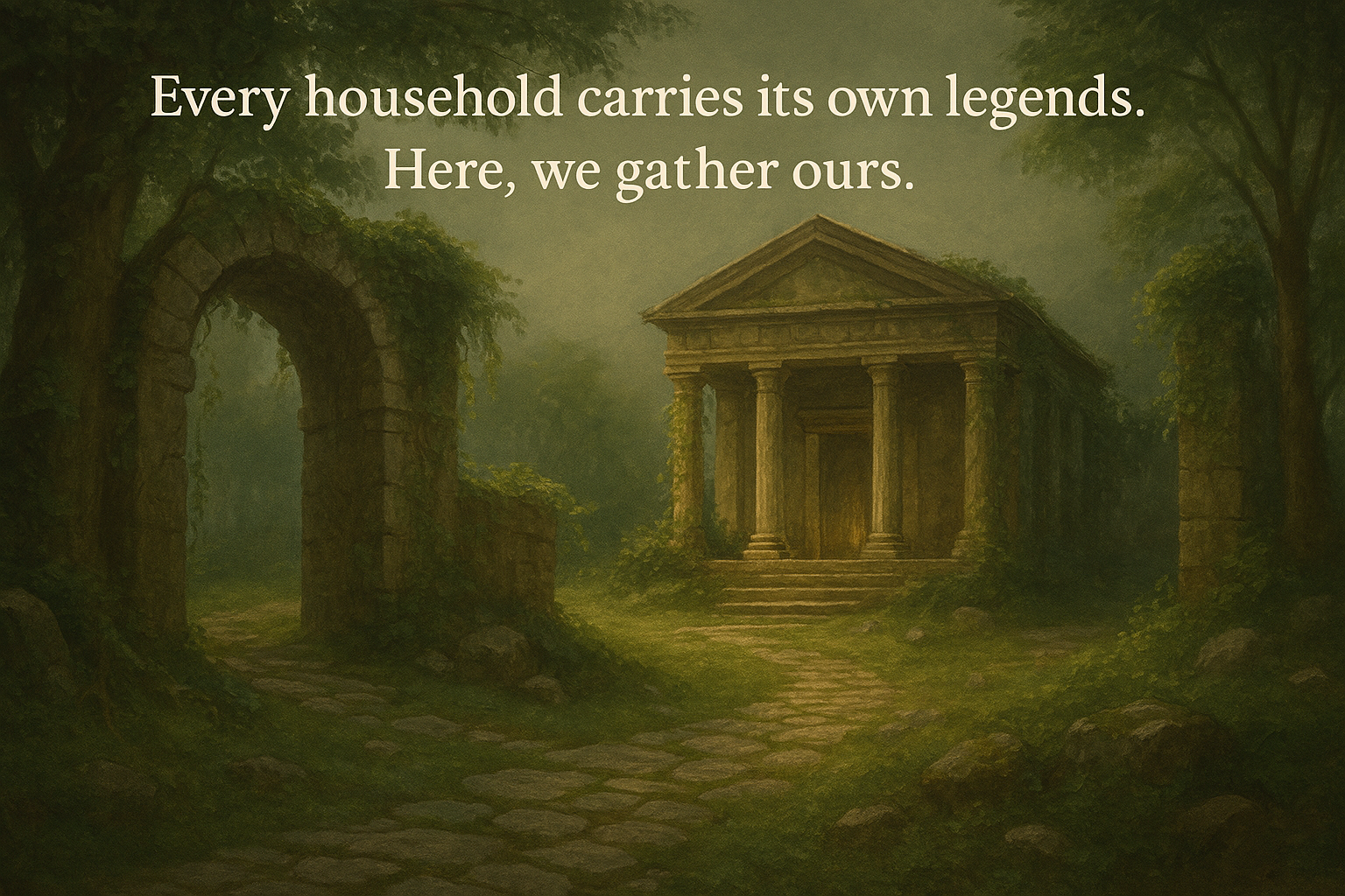 Mossy forest path to a vine-covered temple, where quiet reverence veils the household’s wild legends.
