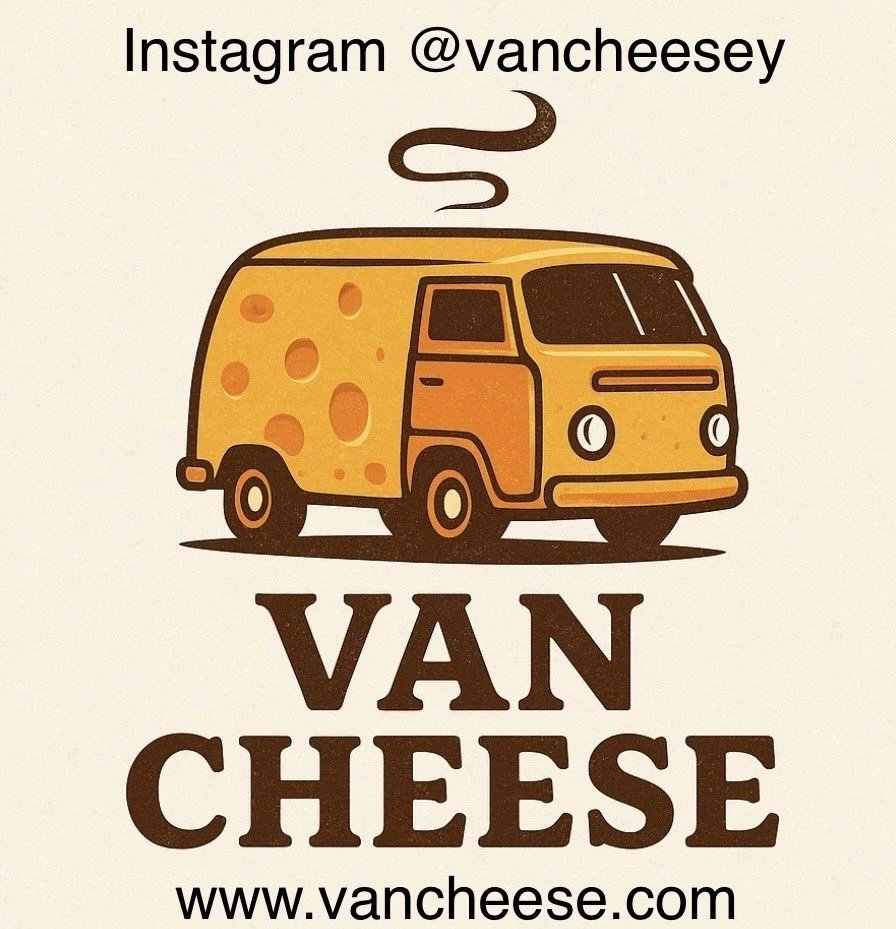 A cartoon illustration of a van designed to look like a block of cheese with holes, emitting steam or smoke, with the text "Instagram @vancheese" above and "VAN CHEESE" below, and a website URL www.vancheese.com at the bottom.