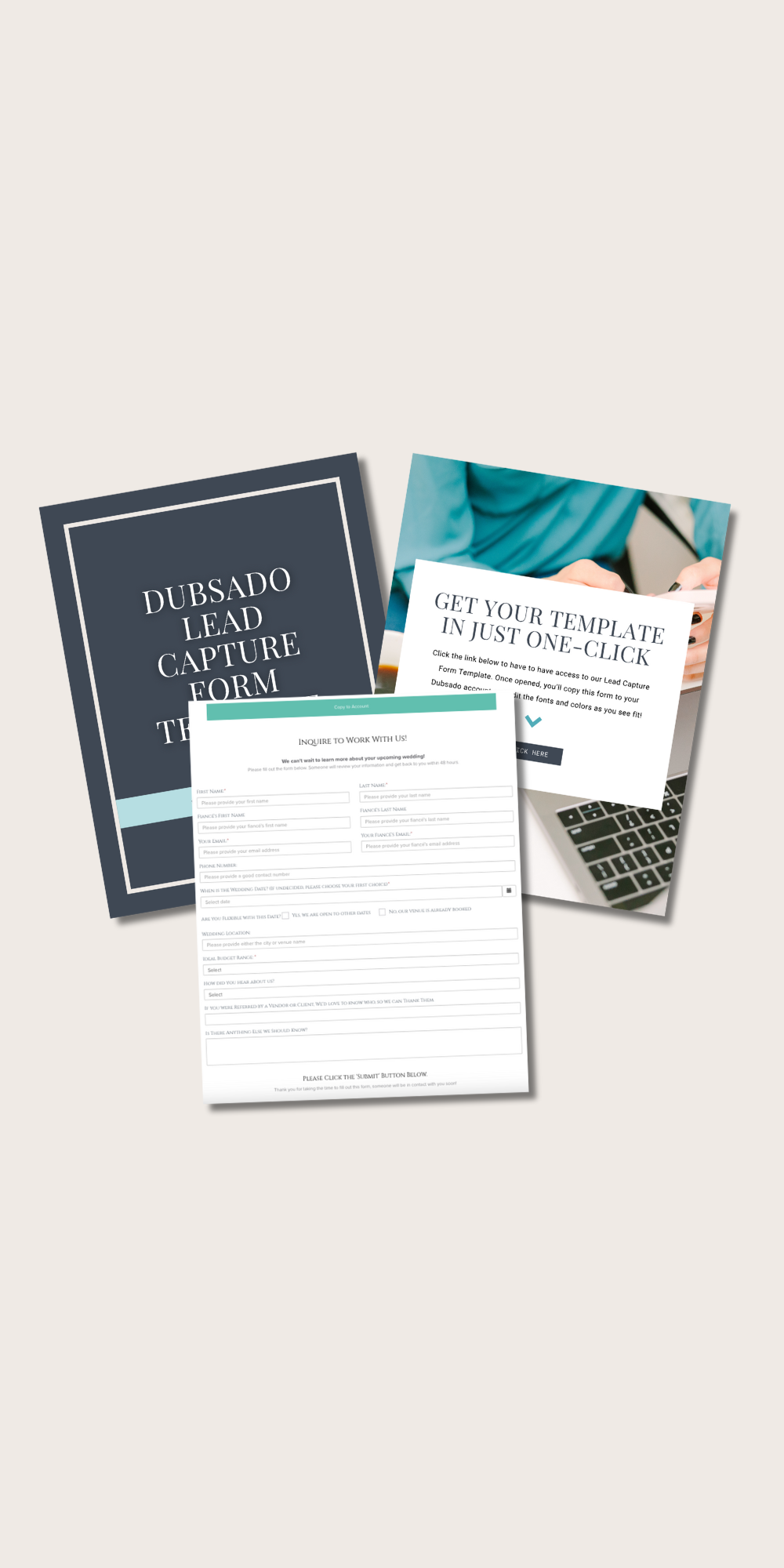 Displays of lead capture forms and templates from Dubsado, featuring a dark cover page, a template instruction sheet, and a form with fields for wedding inquiry information, against a light background.