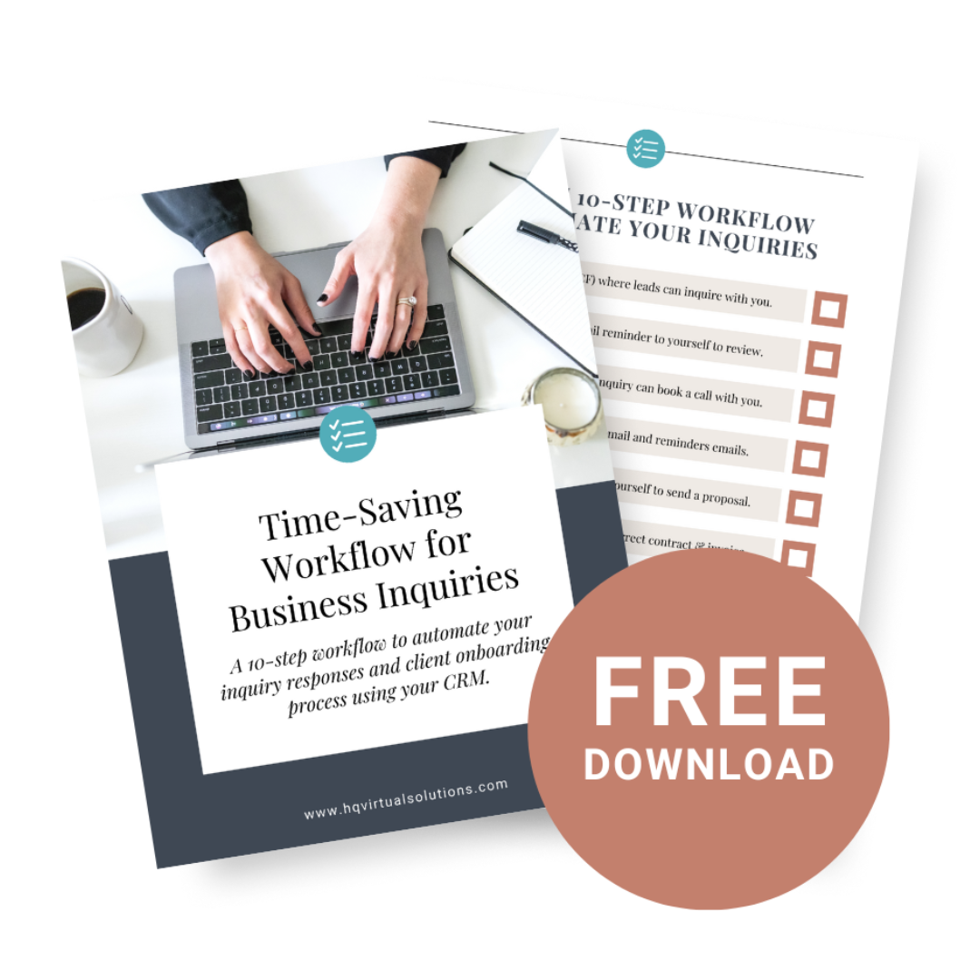E-book cover titled "Time-Saving Workflow for Business Inquiries" with a photo of a person typing on a laptop, a notepad, and a coffee cup, offering a free download.