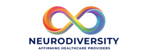 Logo for Neurodiversity with a colorful infinity symbol and text 'NEURODIVERSITY' and 'Affirming Healthcare Providers'.