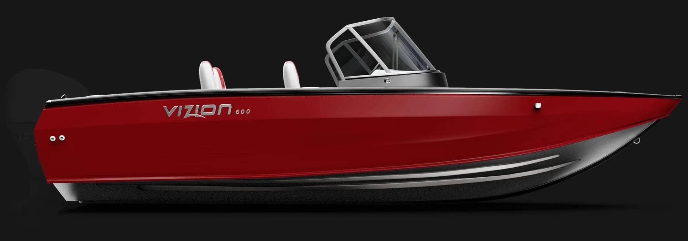 A red Vizion 600 motorboat with a sleek design and transparent windshield, set against a black background.