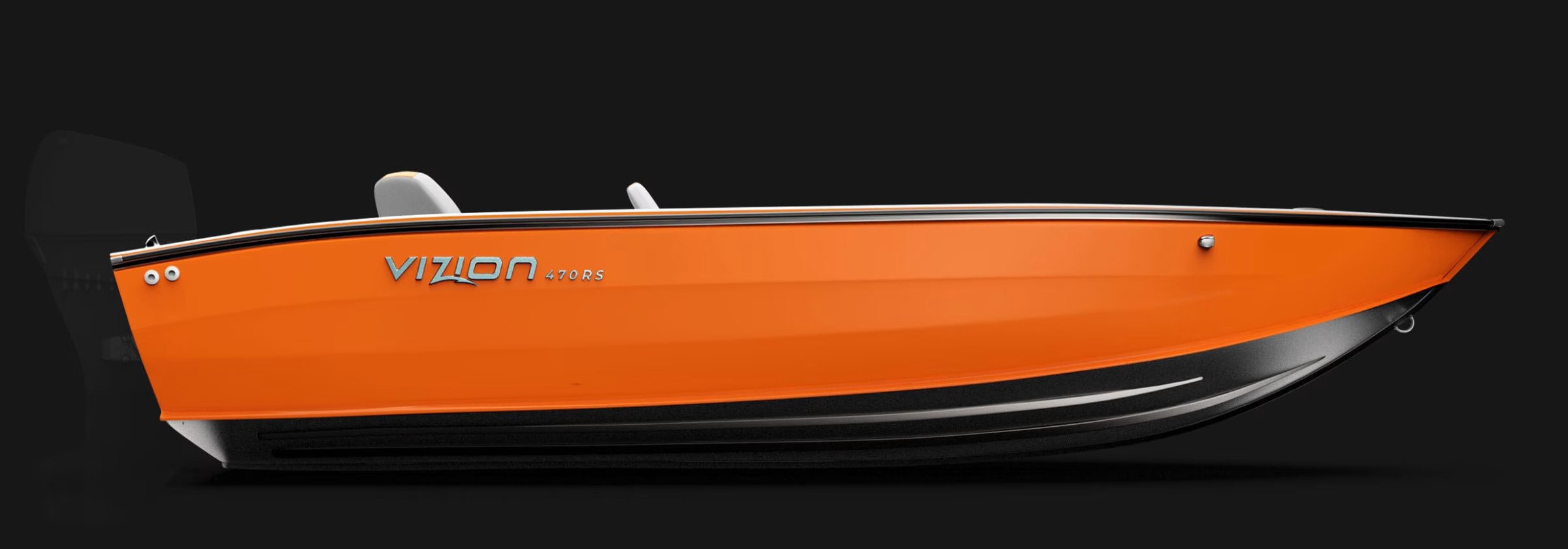 Orange Vizon 470RS speedboat against a black background.