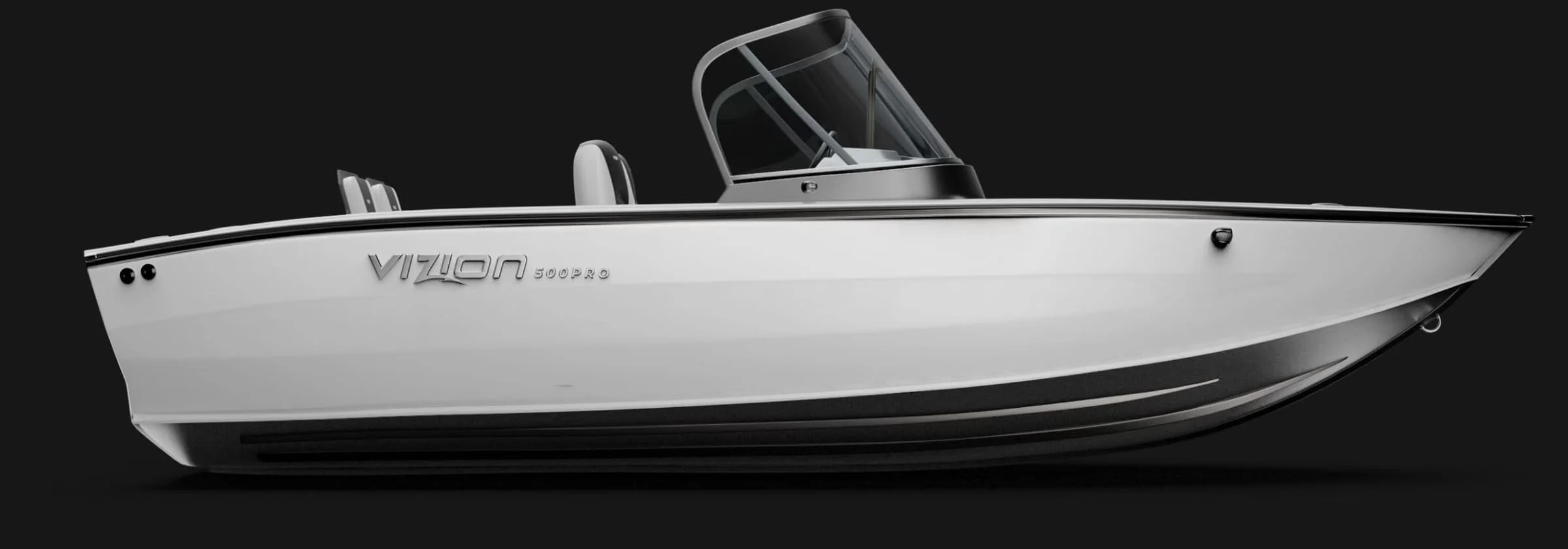 A white motorboat with a clear canopy, labeled 'VIZIO N SOOPRO,' against a black background.