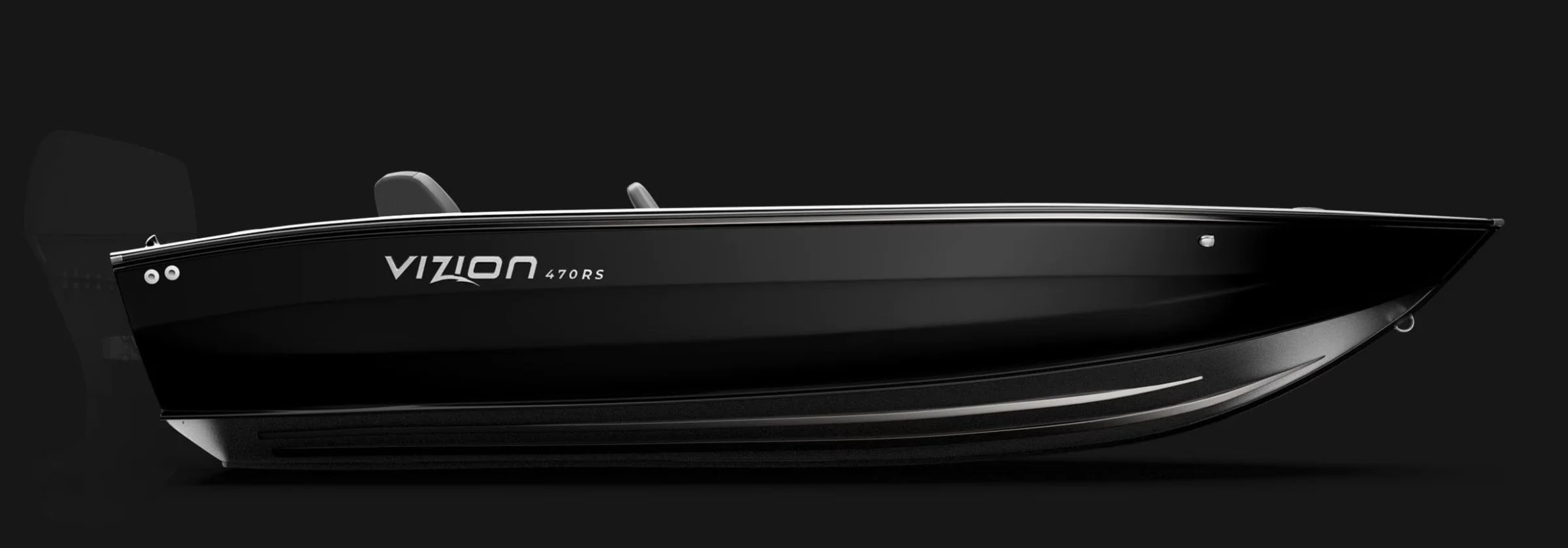 A sleek black Vizon 470RS motorboat on a black background.