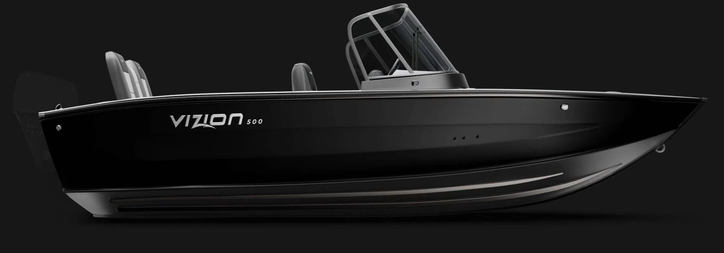 A black boat with the label 'Vizion 500' on its side, featuring a streamlined design, a glass-enclosed cockpit, and multiple engines at the rear.