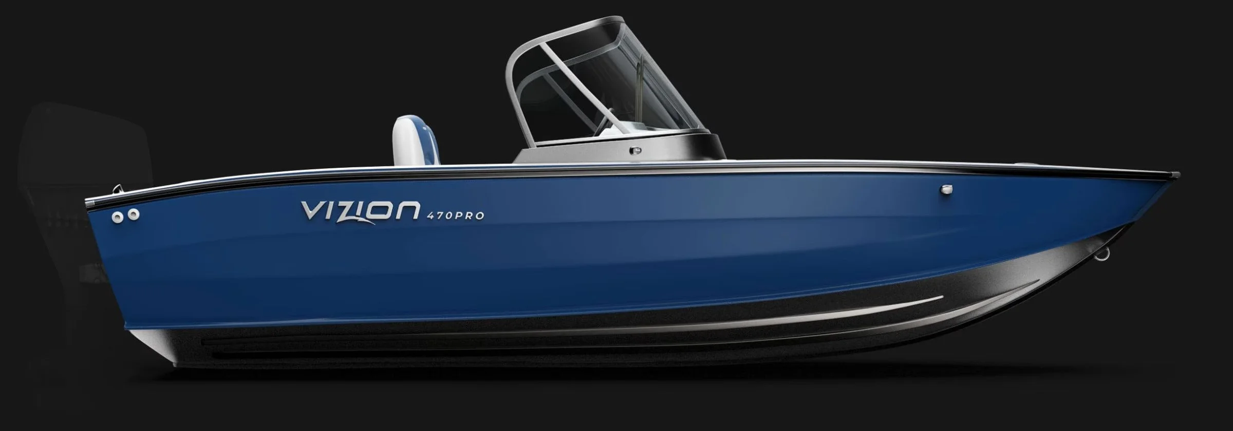 Blue Vizon 470Pro motorboat with a tinted glass windshield and a black hull, displayed against a black background.