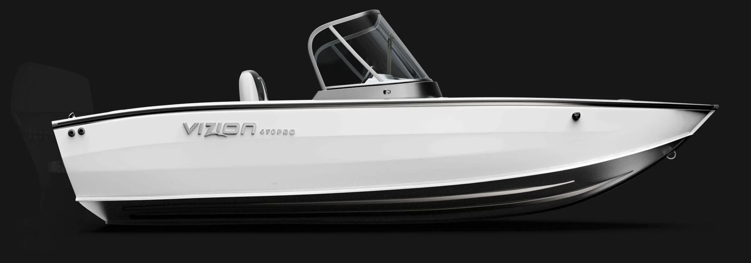 A sleek, modern white and black motorboat named Vizon 4YPRO, with a streamlined design, set against a black background.