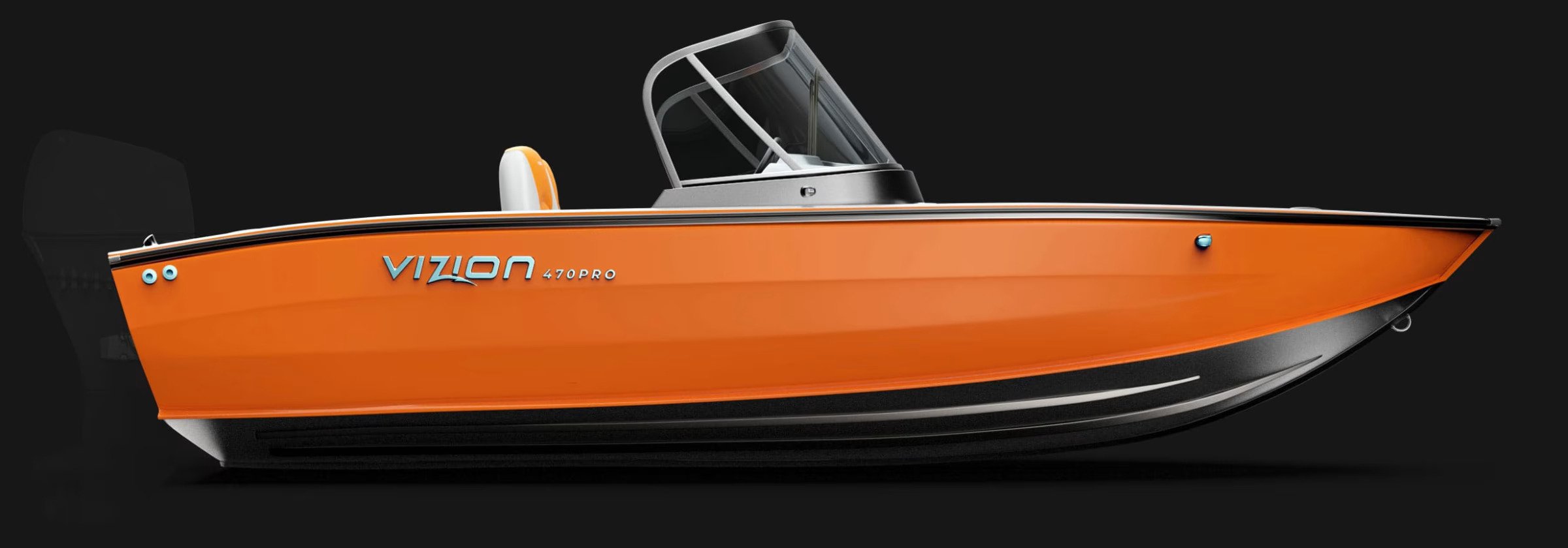 An orange and black motorboat with a clear canopy and the brand name Vizon 470Pro on the side, set against a black background.