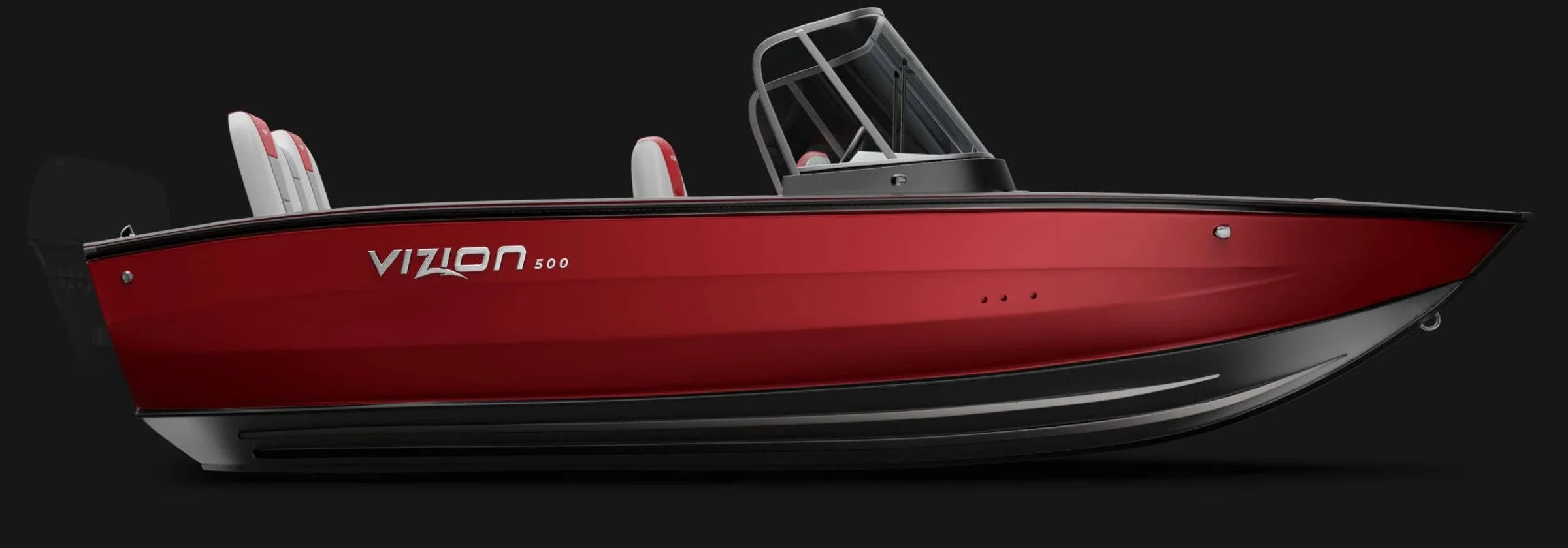 A red and black Vizon 500 motorboat with white seats and a clear canopy, set against a black background.