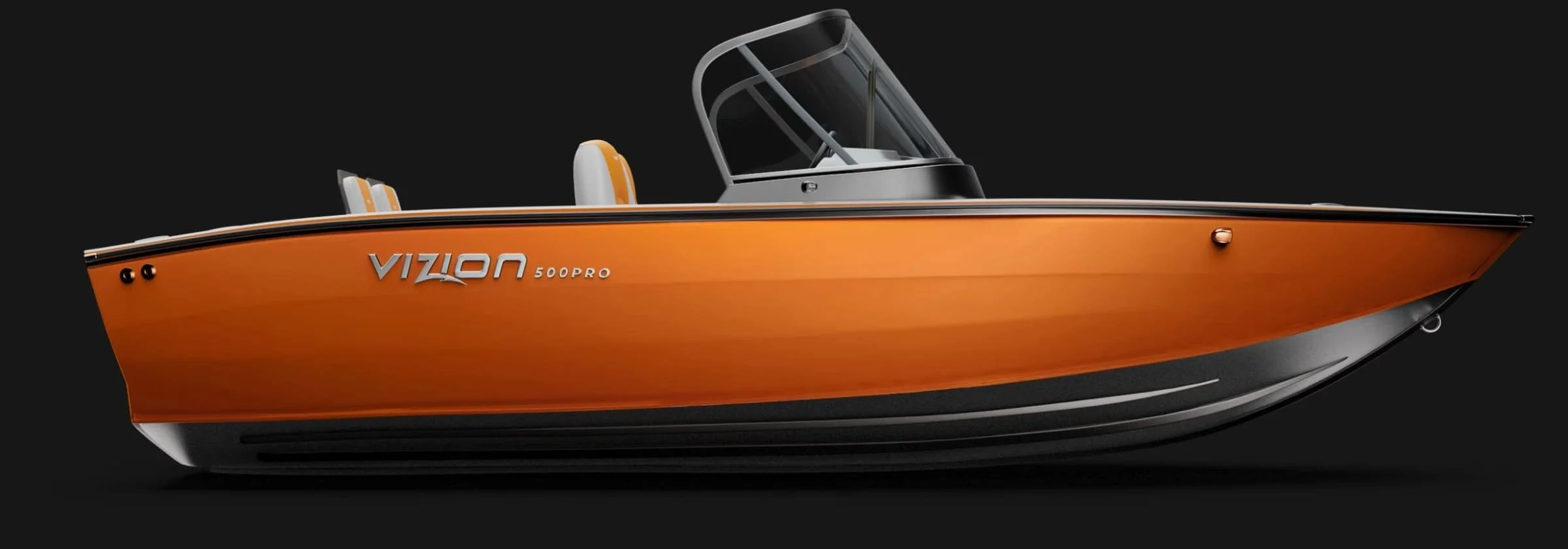Vizon 500 Pro motorboat with orange and black exterior, black tinted windshield, and white seating, set against a black background.