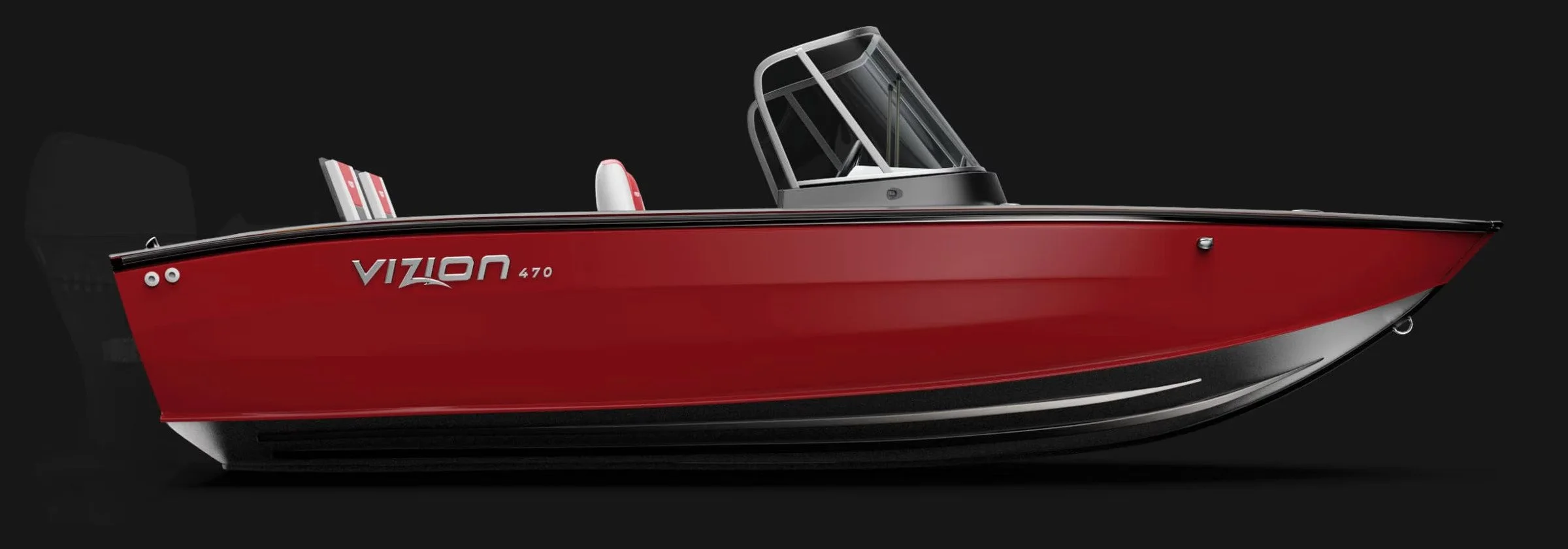 Red Vizon 470 boat with a black hull and a clear canopy, set against a black background.