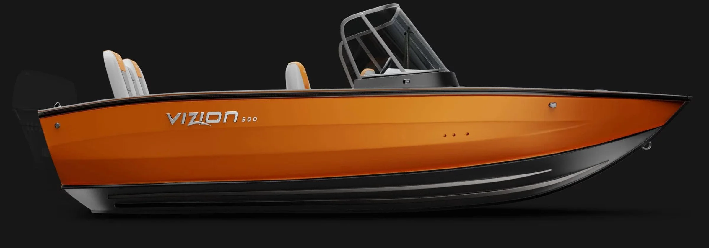 Orange and black motorboat with the label 'VIZION 500' against a dark background.