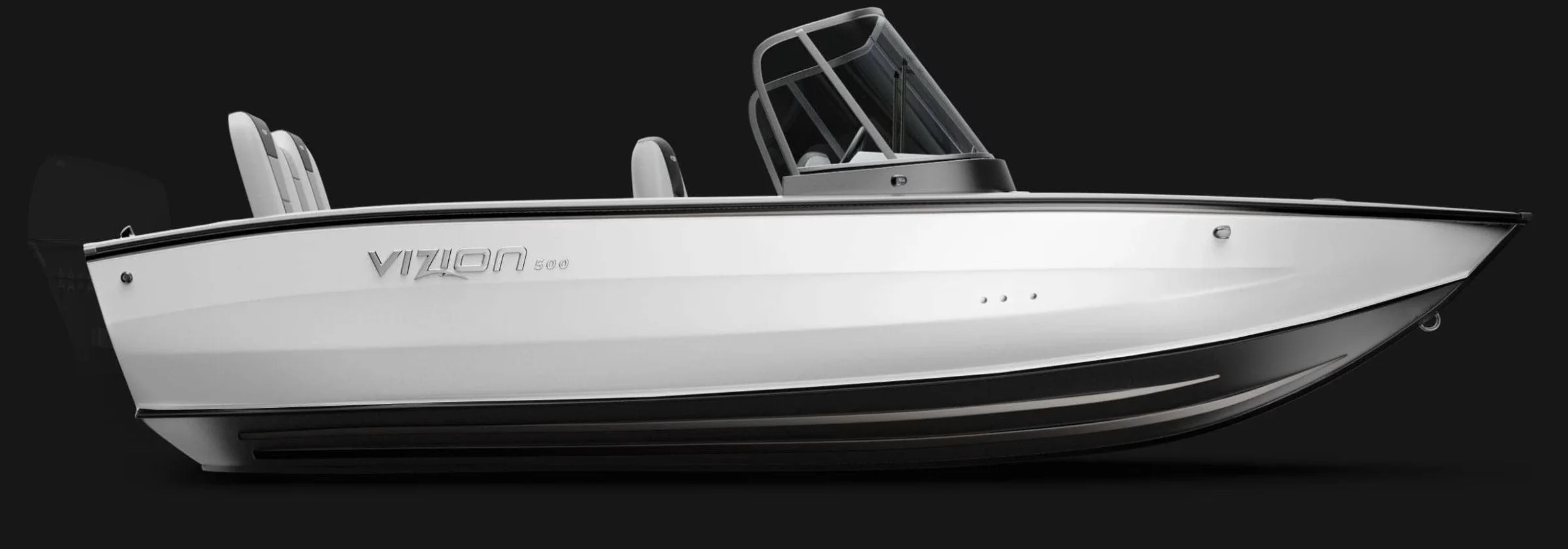 A white and black Vizon 500 motorboat with a dark tinted windshield, set against a black background.