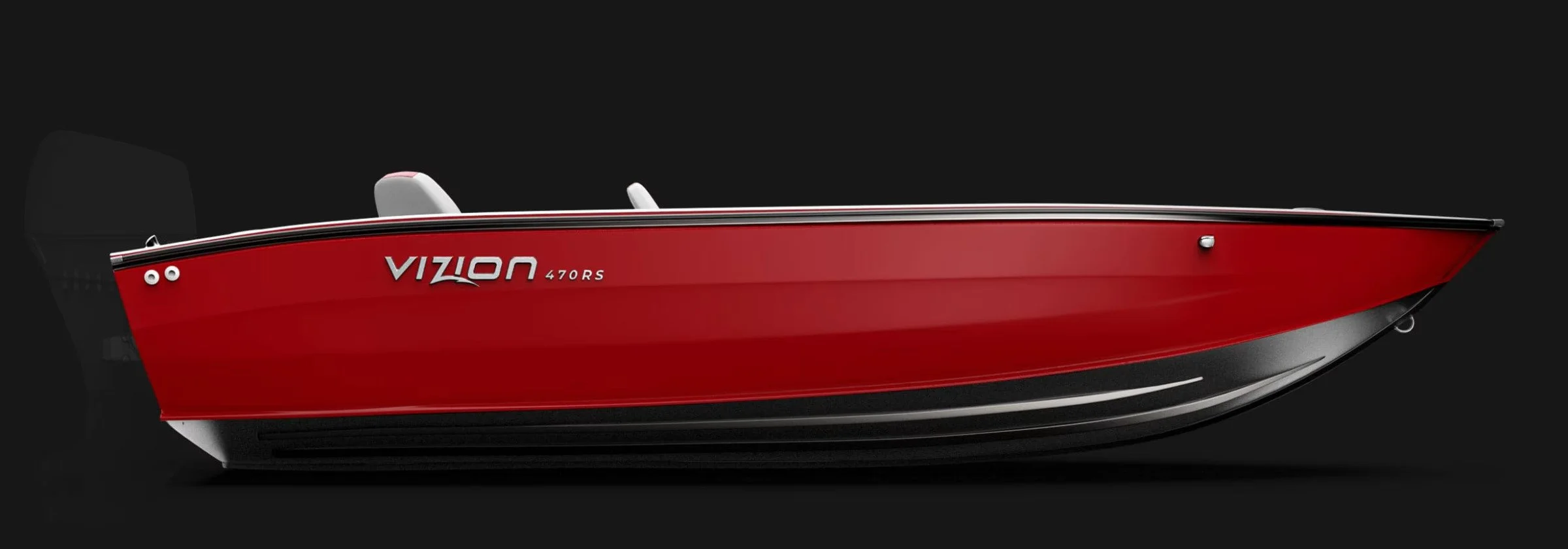 Red Vizion 470RS speedboat on a black background.