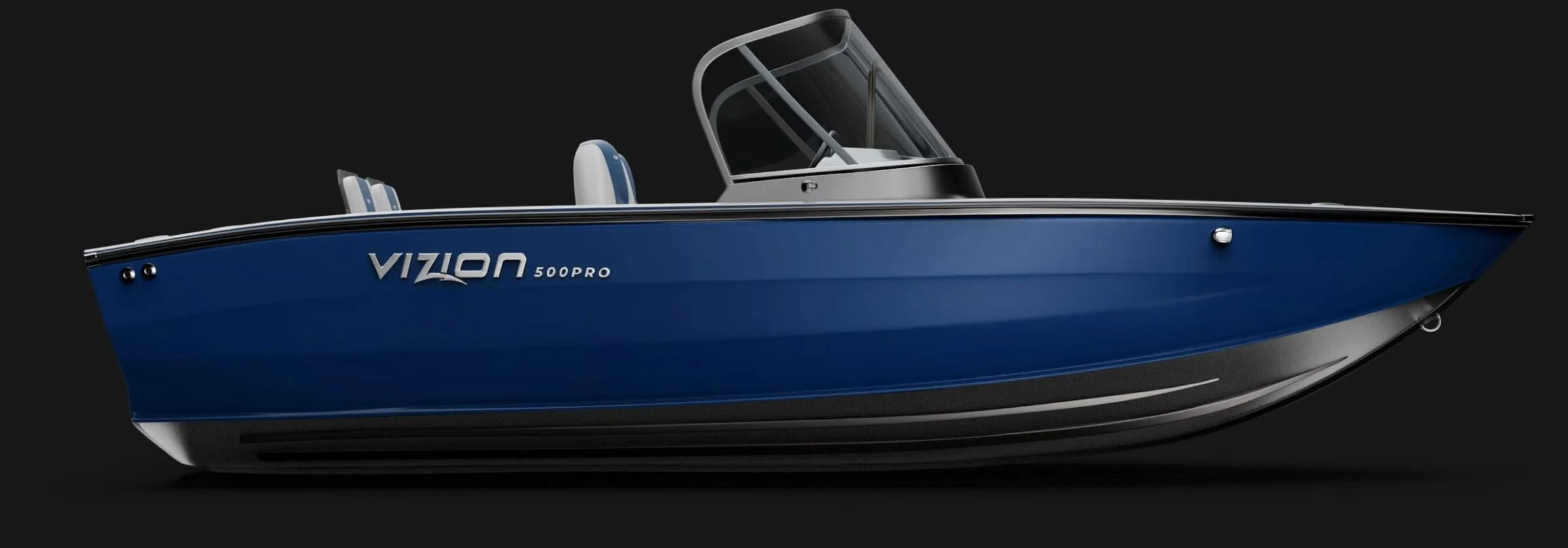 A modern blue and black Vizon 500 Pro motorboat with a sleek design, featuring a clear windshield and seating area, against a black background.