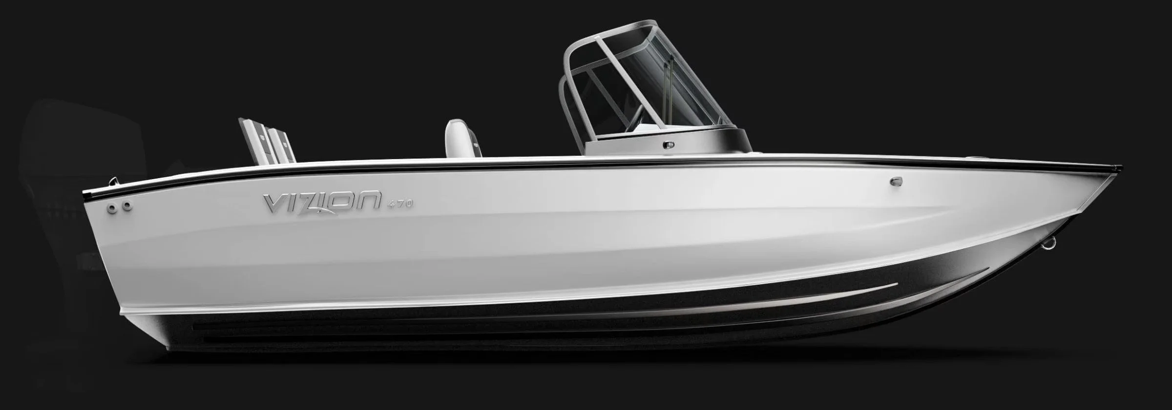 A sleek white Vizon 470 motorboat with a black interior, set against a dark background.