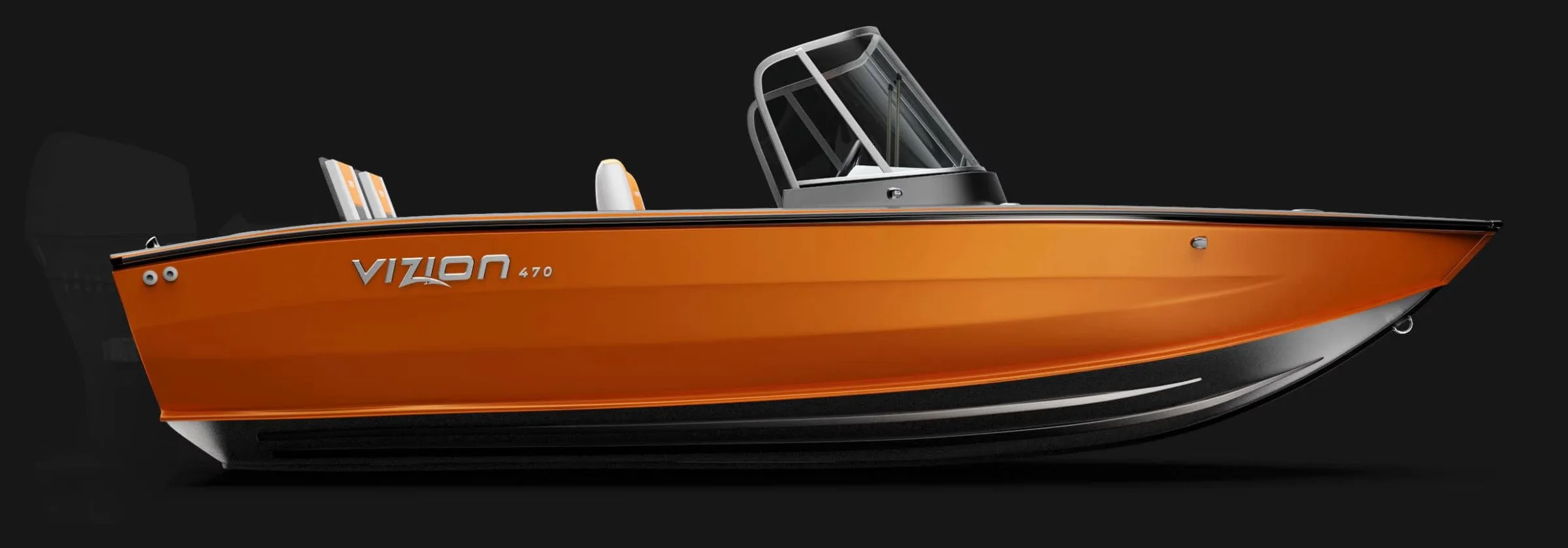 An orange and black boat with the label 'Vizion 470' on the side, set against a black background.