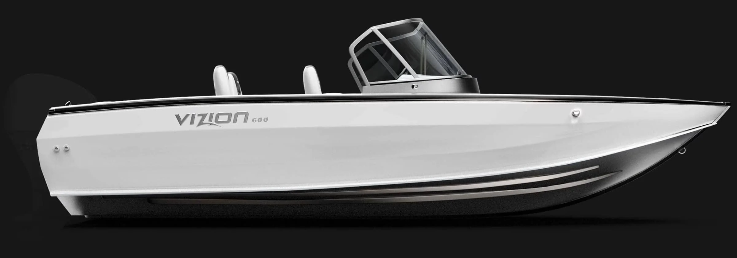 A sleek white Vizion 600 motorboat with a black hull, clear windshield, and two seats against a black background.