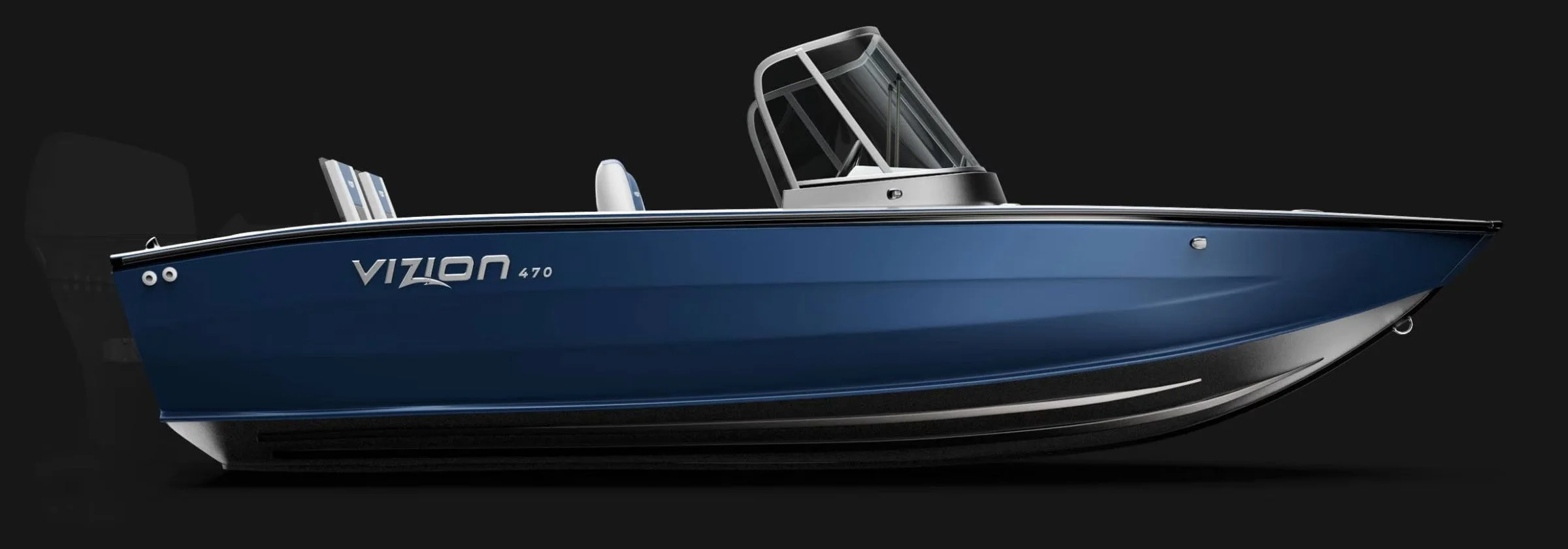 A blue Vizion 470 boat with a curved windshield against a black background.