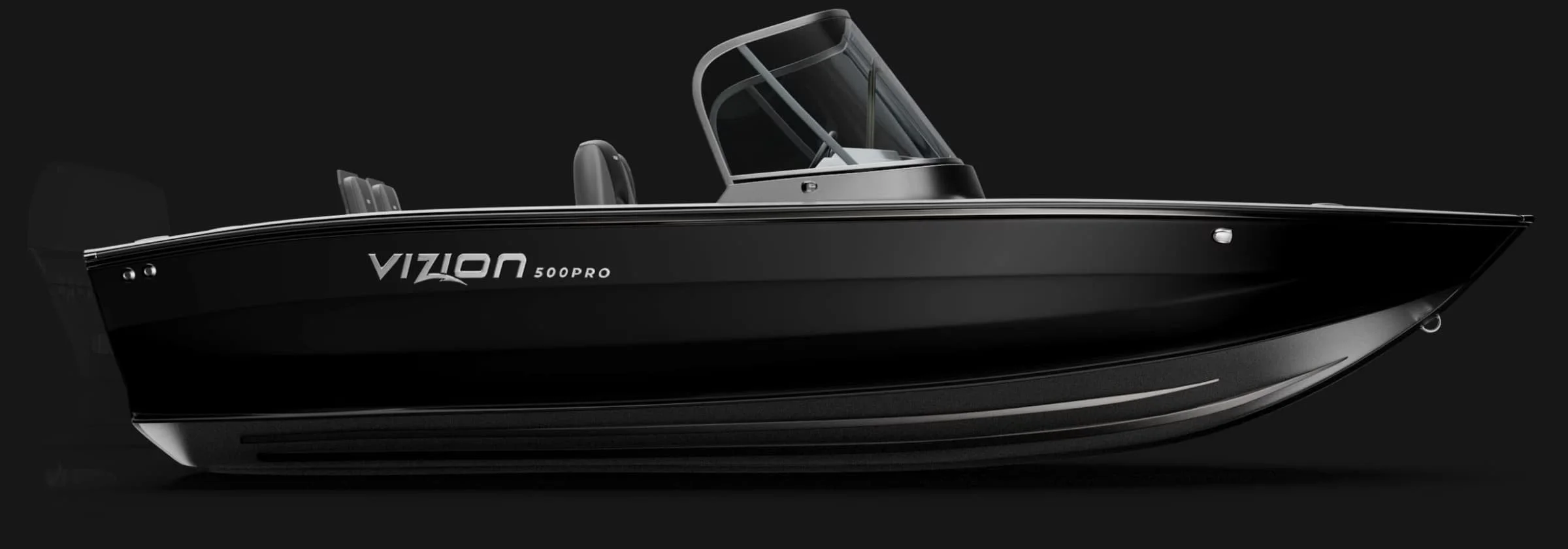 Black Vizon 500 Pro motorboat against a dark background.
