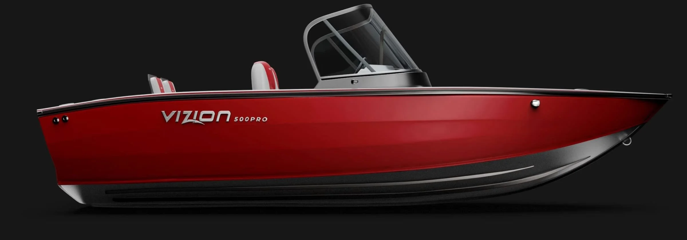 Red and black Vizon 500PRO boat with a clear windshield against a black background.