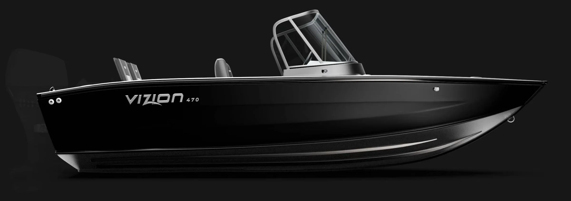 A sleek black boat with the brand name VIZION 470 displayed on the side, featuring a modern design and a transparent canopy, against a black background.