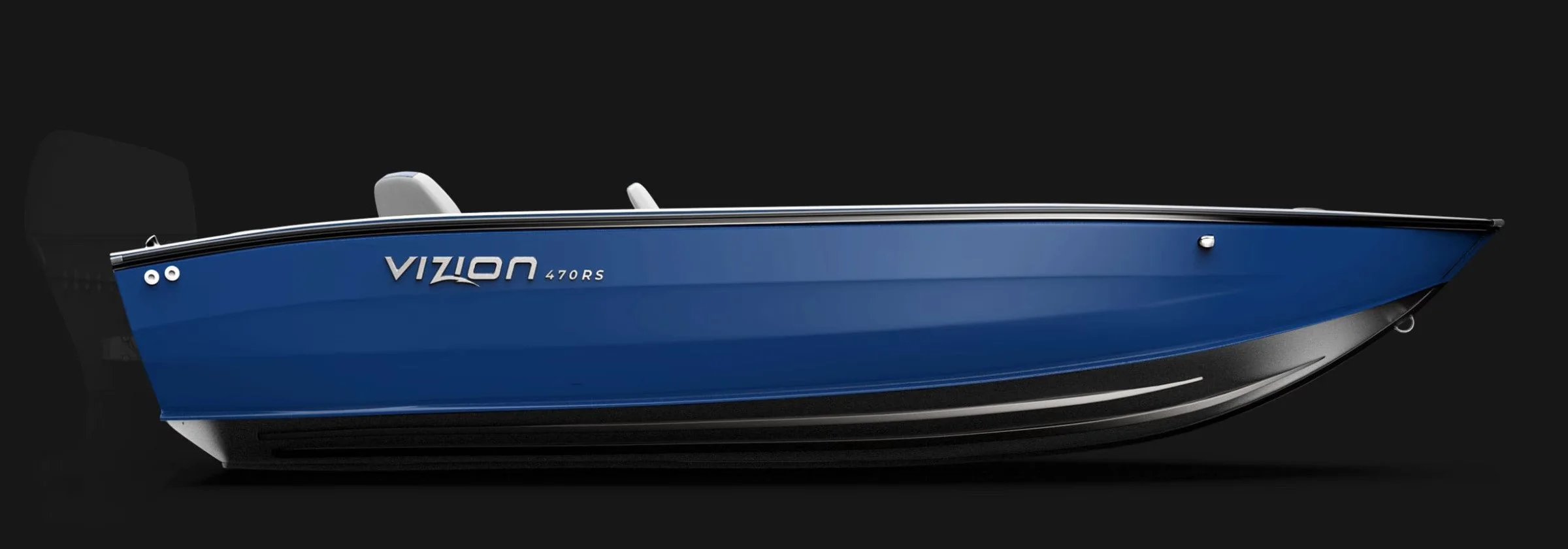 Side view of a blue Vizon 470RS boat against a black background.