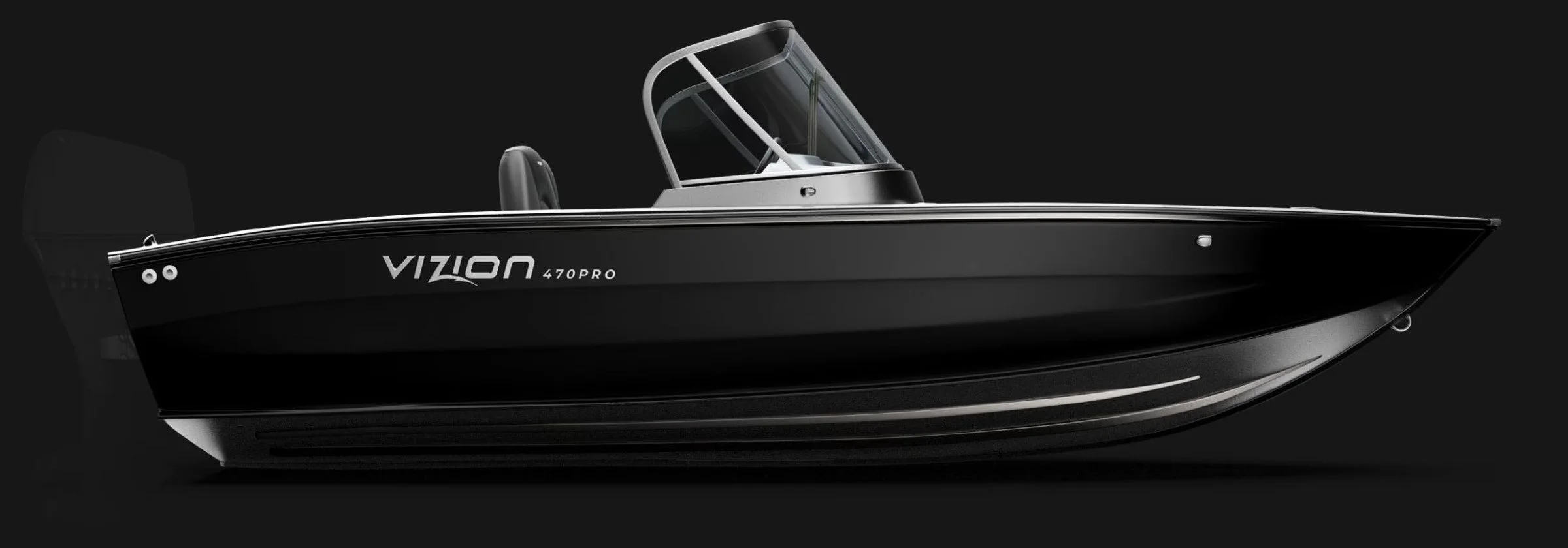 A black Vizon 470PRO motorboat with a sleek design, featuring a transparent windshield and dual engines, set against a dark background.