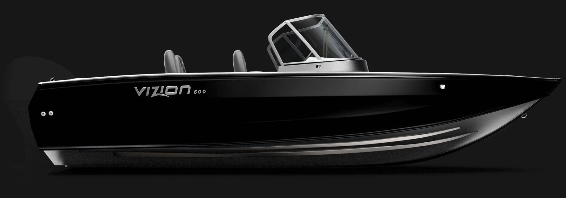 Black motorboat with a tinted glass canopy, labeled Vizon 600, on a dark background.