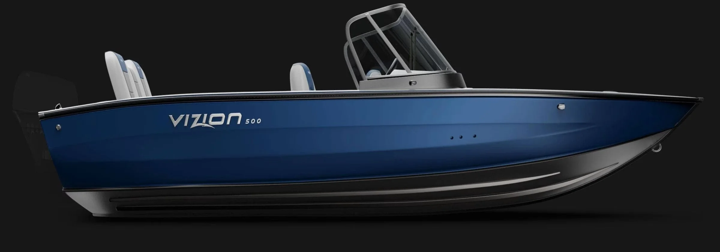 Blue Vizon 500 motorboat with a black canopy and seating, isolated on a black background.