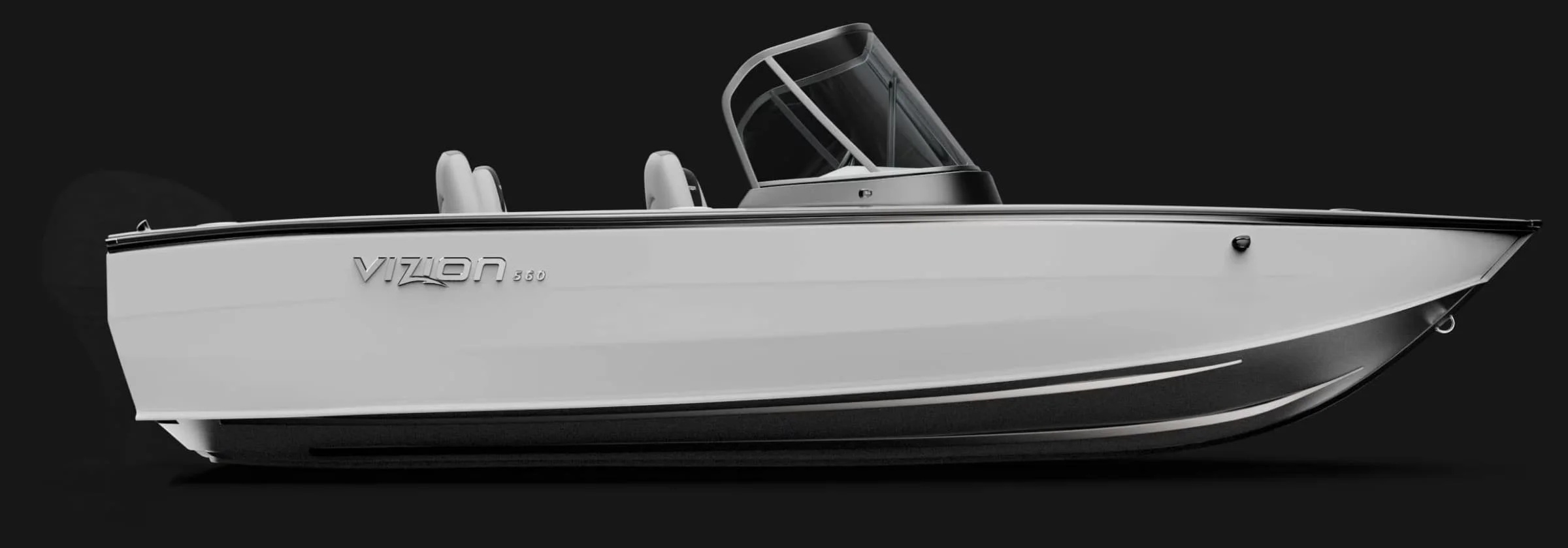 A sleek white boat with the words 'Vizon 360' on its side, featuring a modern, streamlined design, a glass canopy, and a black bottom hull, set against a black background.