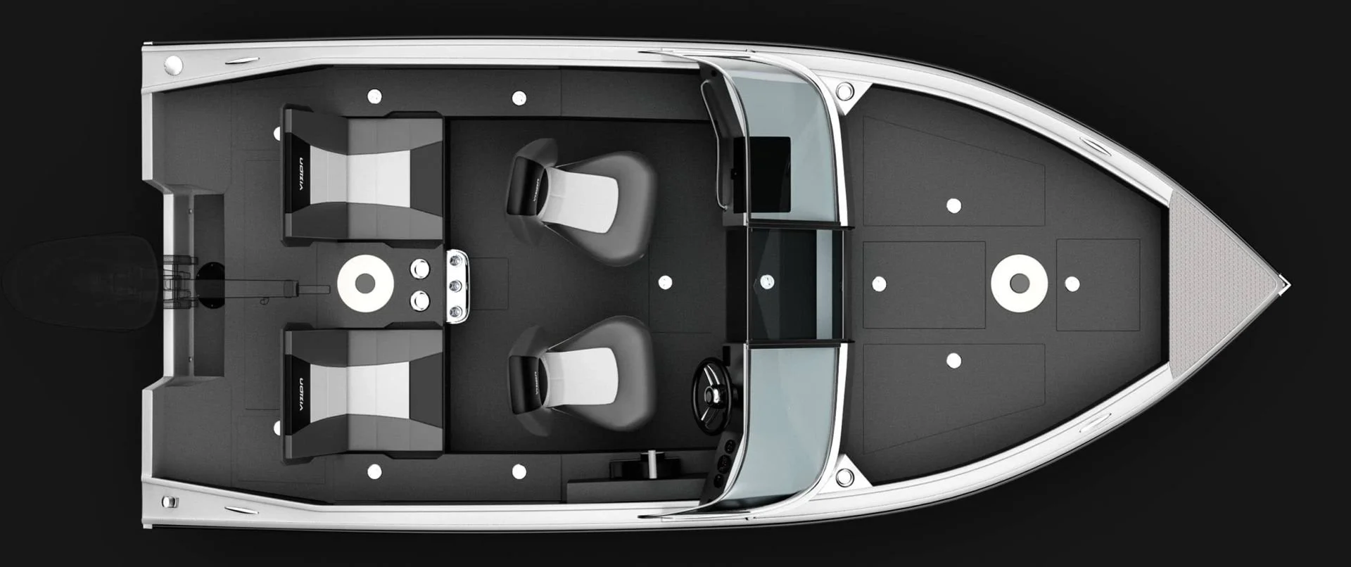 Top-down view of a luxury boat interior showing two driver's seats, two passenger seats, and a steering wheel, with a sleek black and gray color scheme.