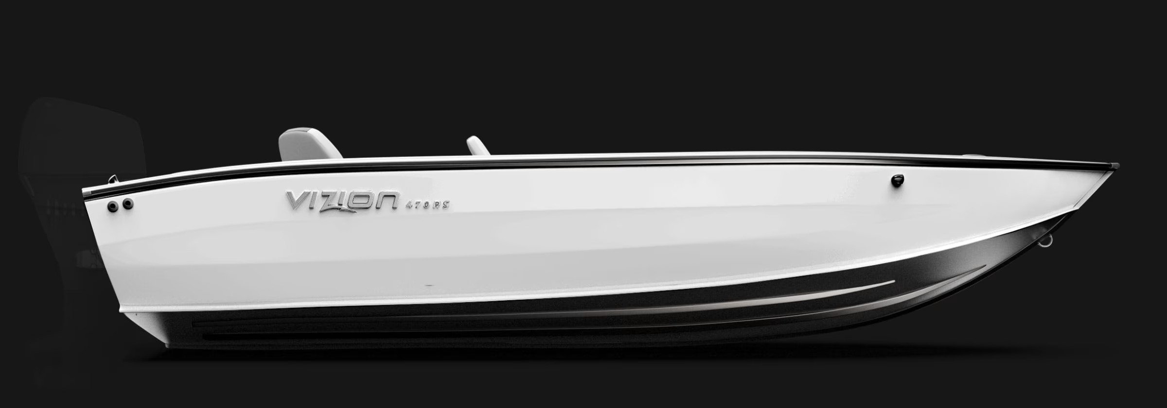 A sleek white speedboat with black accents and the label 'Vizion 420RS' on the side against a dark background.