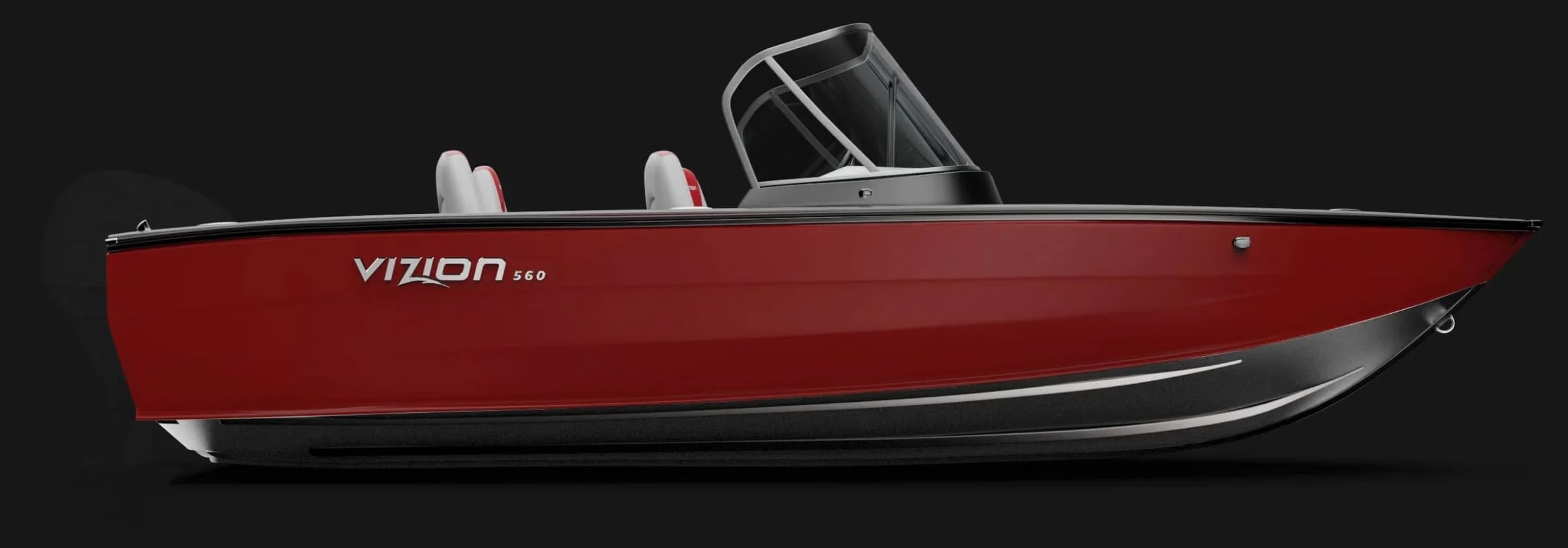 Red and black motorboat with the text "VIZION 560" on the side, against a black background.