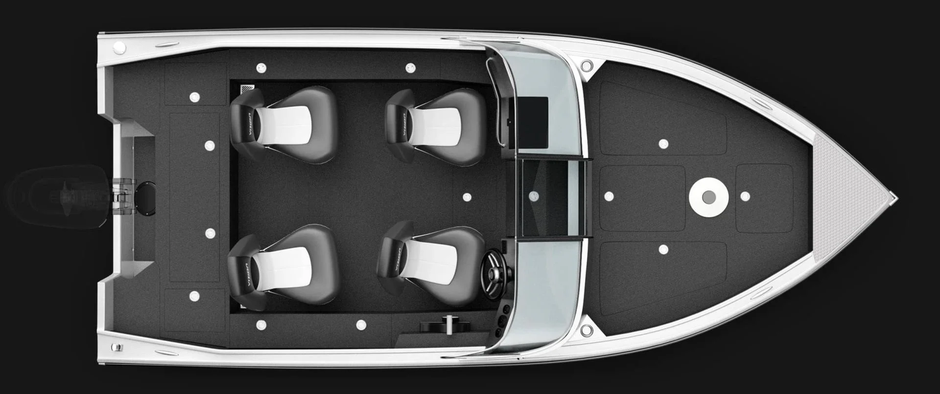 Top view of a modern boat with four black-and-white seats, a small steering wheel, and a glass windshield, set against a black background.