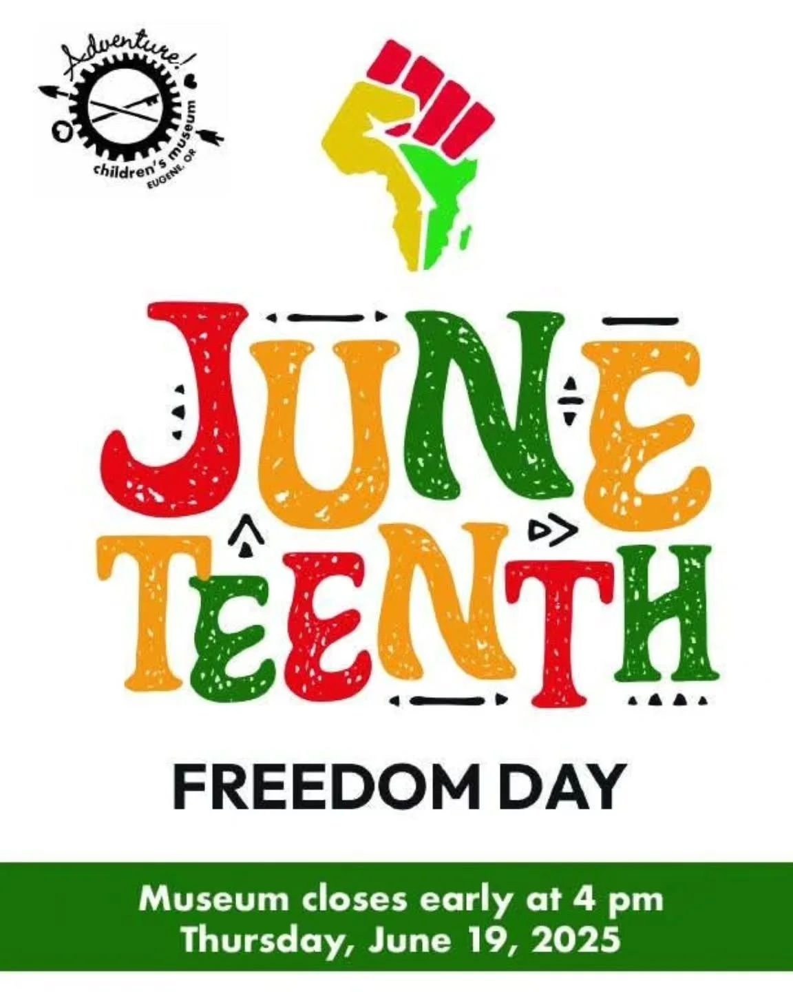 Adventure! is closed early today (6/19) at 4 p.m. in observance of Juneteenth, Freedom Day, celebrating human dignity.

Join us till 4 to play and enjoy family time together!