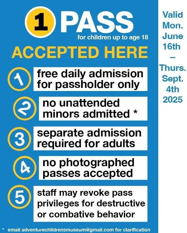Your child's 1Pass is active as of Monday, June 16th! Adventure! is one of the stops you can visit daily with this year's 1Pass.

Here's how it works:
&bull; Free admission for the 1Pass pass-holder only (children up to age 18)
&bull; No unattended m
